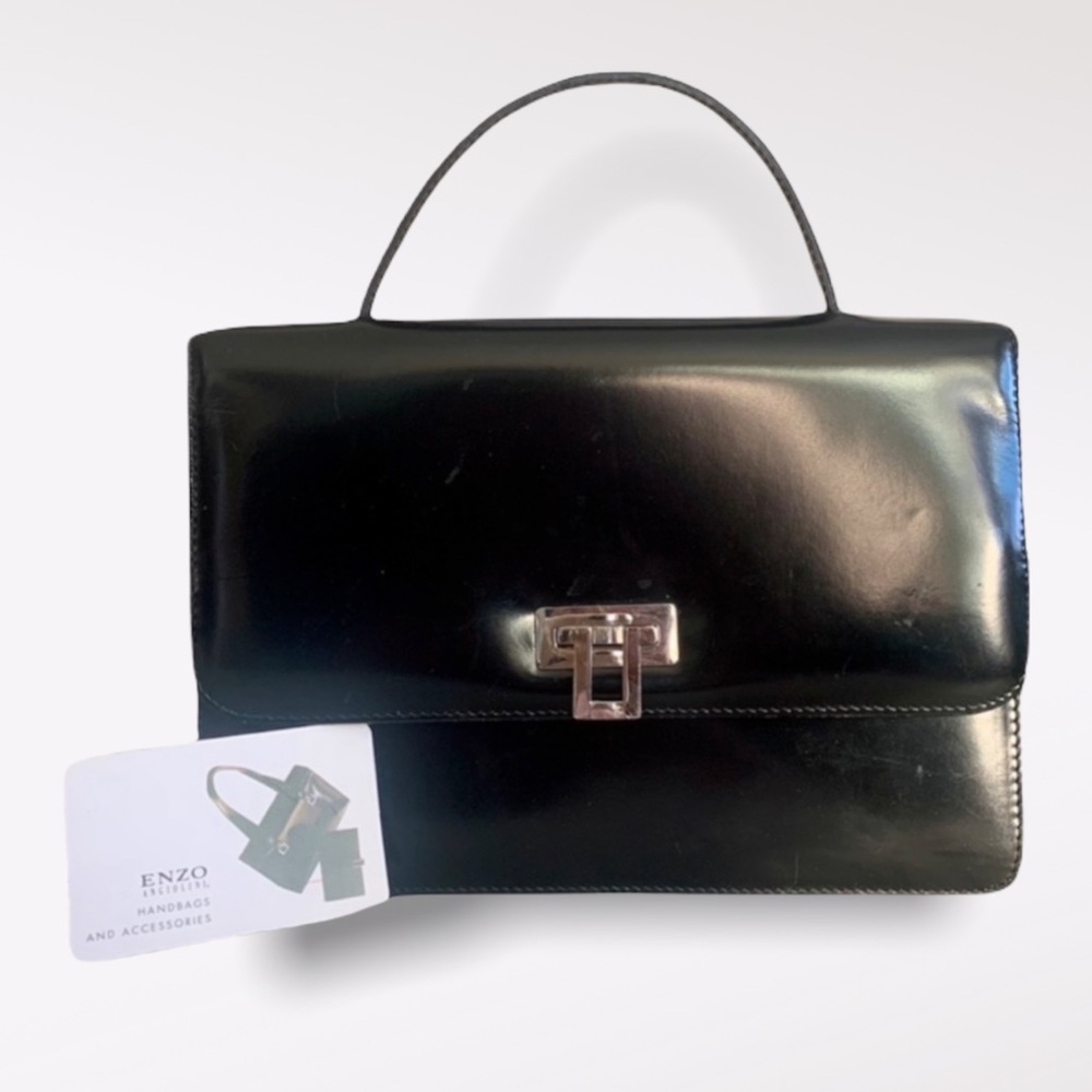 Vintage Bag Enzo Angiolini Black Leather Frame Satchel Handbag